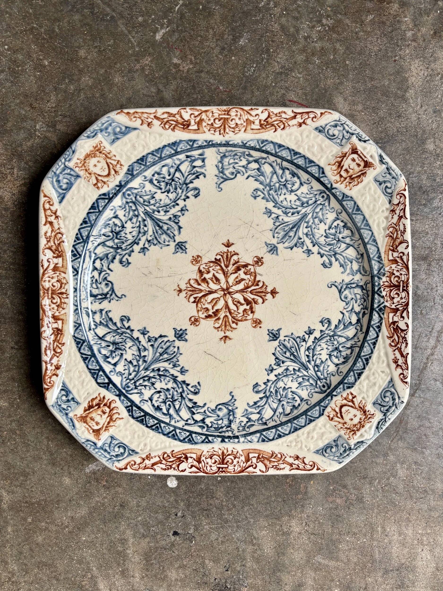 Longchamp square dish in blue and brown ironstone, "Diane" service