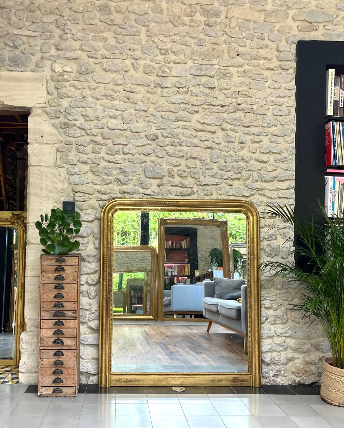 Louis-Philippe mantel mirror 133cm/115.5cm beaded gilded with gold leaf geometric decoration, late 19th century, heavily pitted and scratched glass, parquet on the back.