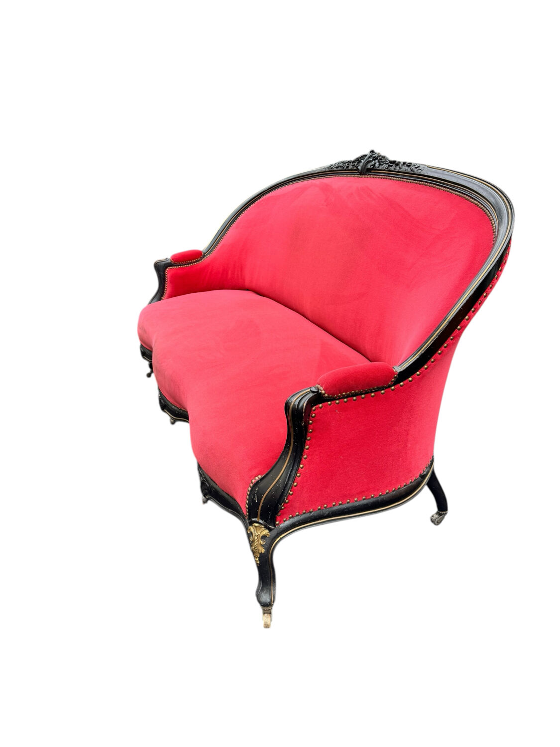 Napoleon III period bench – Blackened wood, brass and red velvet