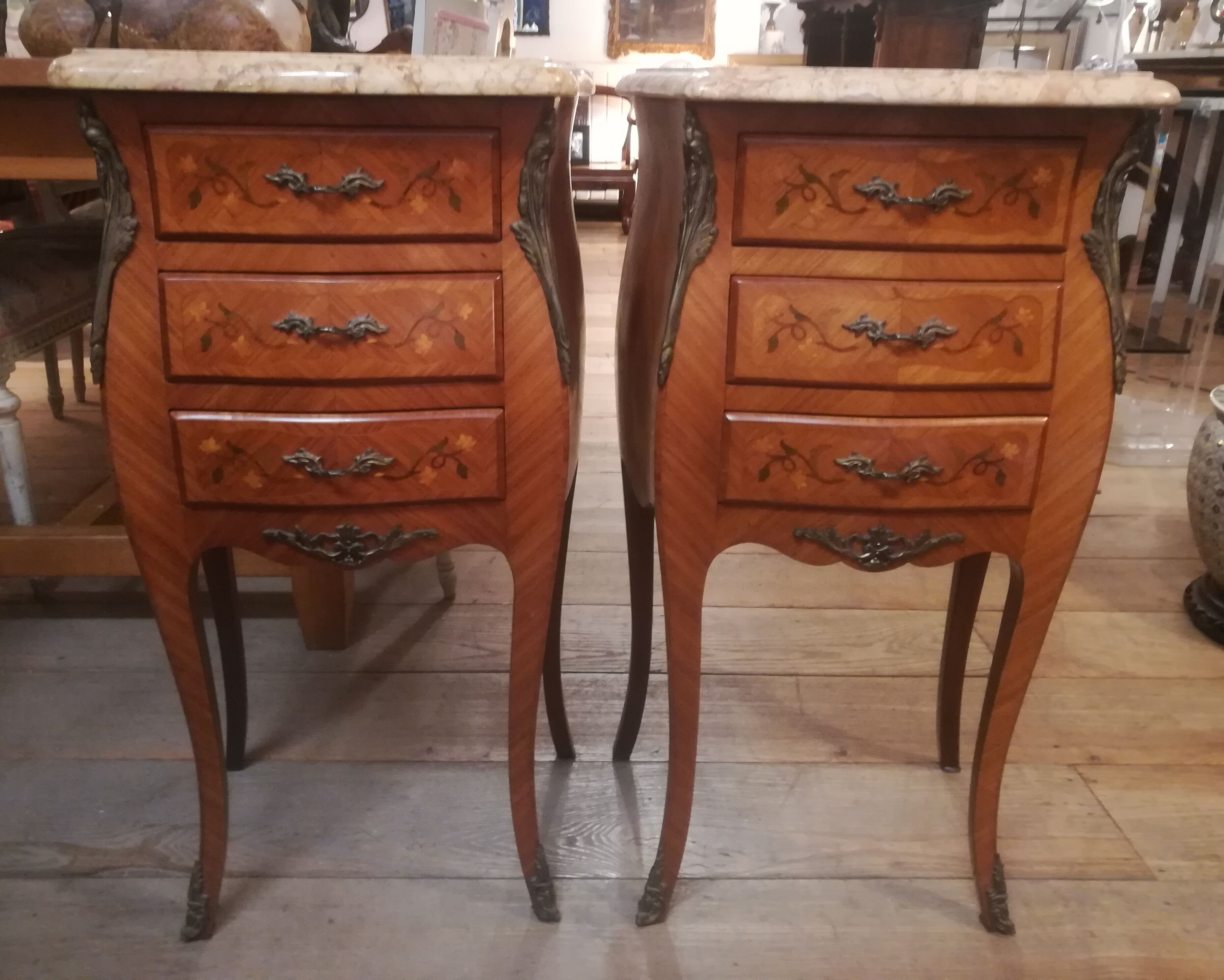 Pair of Louis XV style bedside tables in marquetry