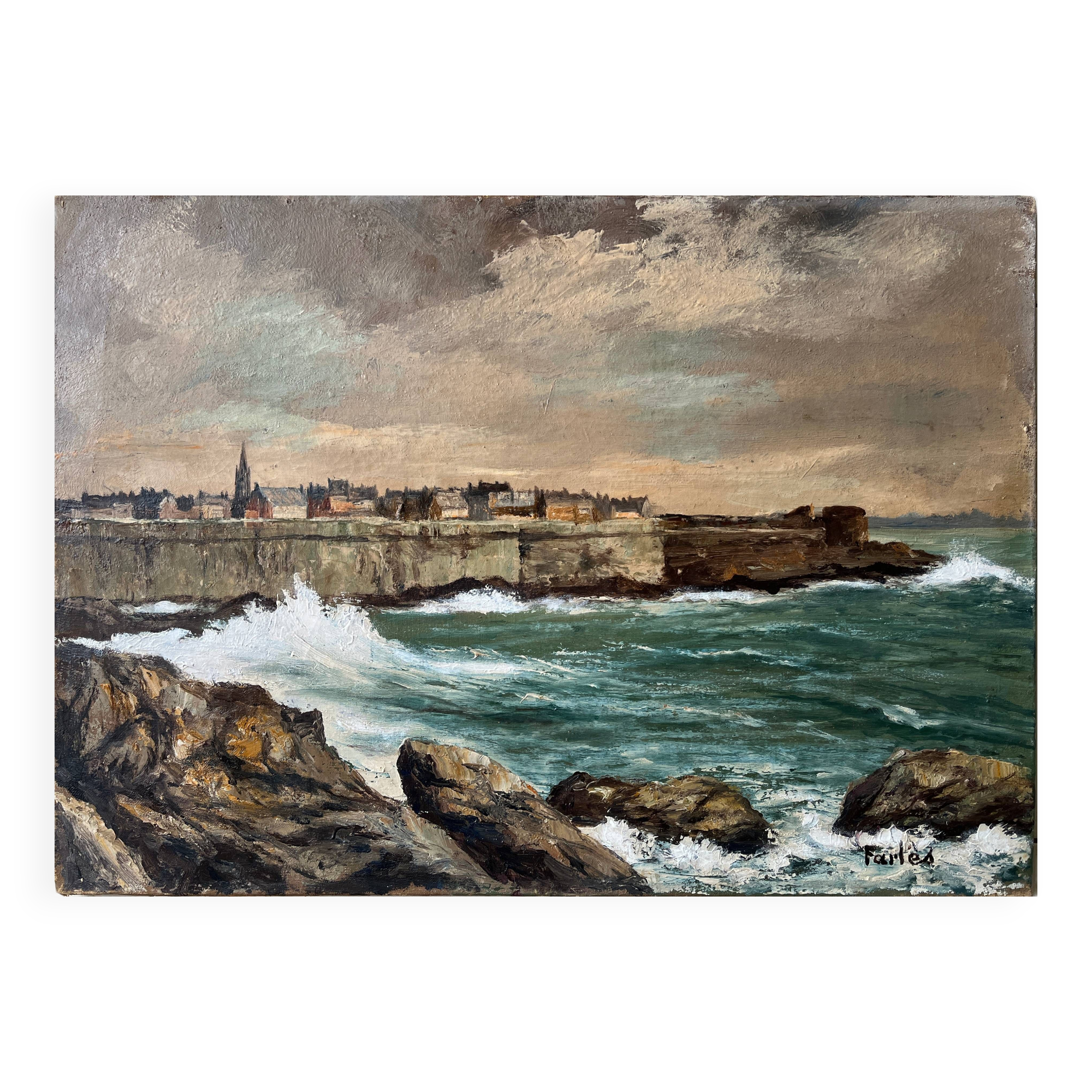 HST Marine painting “Saint Malo” signed Farlès very early 20th century