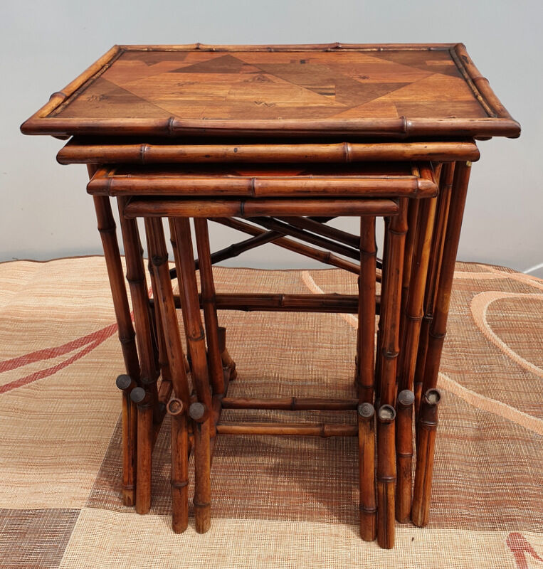 Lot of 4 bamboo pull out tables, Perret and Vibert 1900