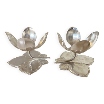 Lot de 2 Porte-Bougies en Argent - Forme de Tulipe sur Feuille de Vigne