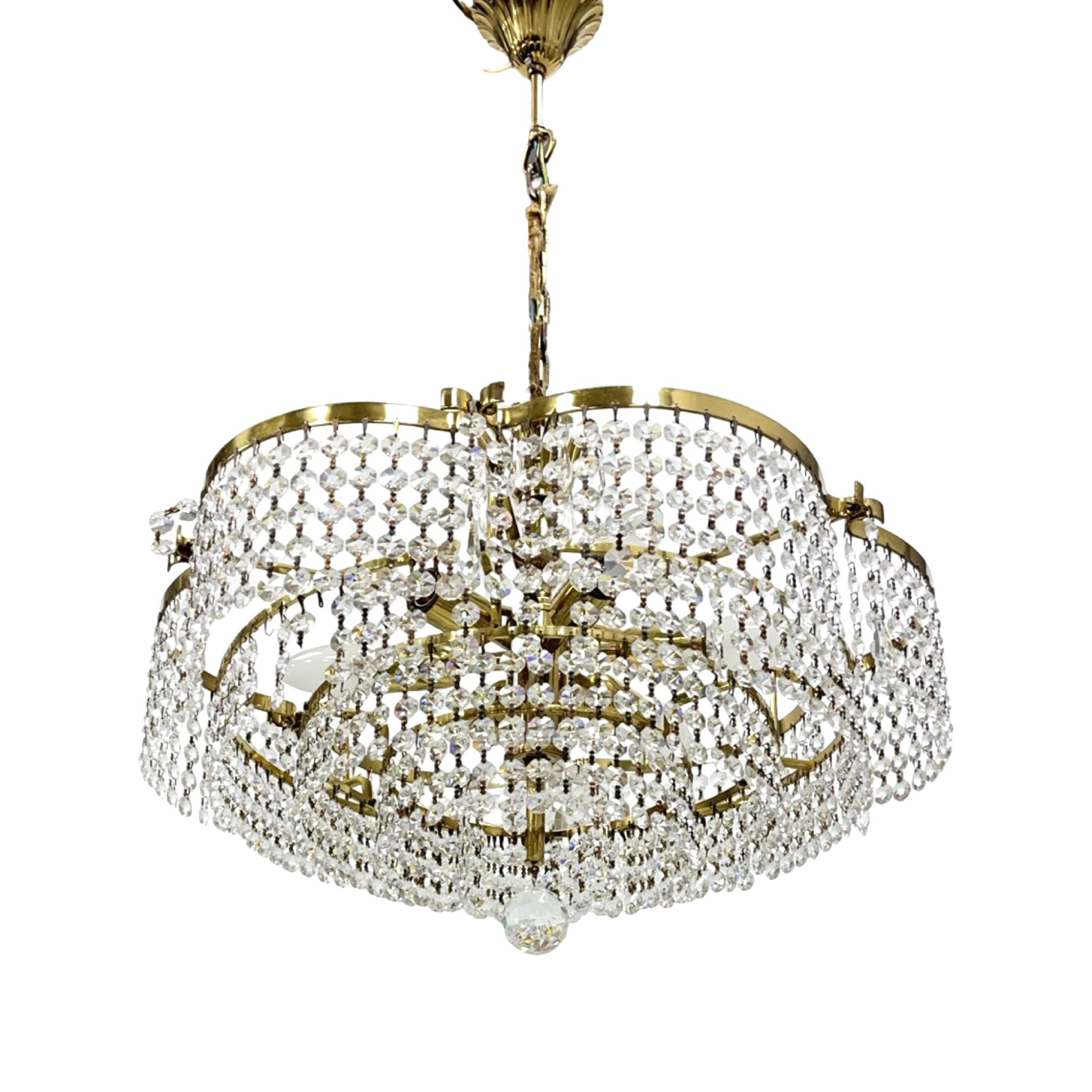 Vintage basket crystal chandelier Bakalowits & Söhne brass, Austria 1970s
