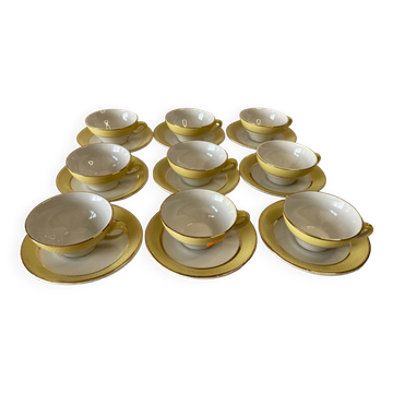 Tasses et sous-tasses jaune et blanc liserés dorés Moulin des loups