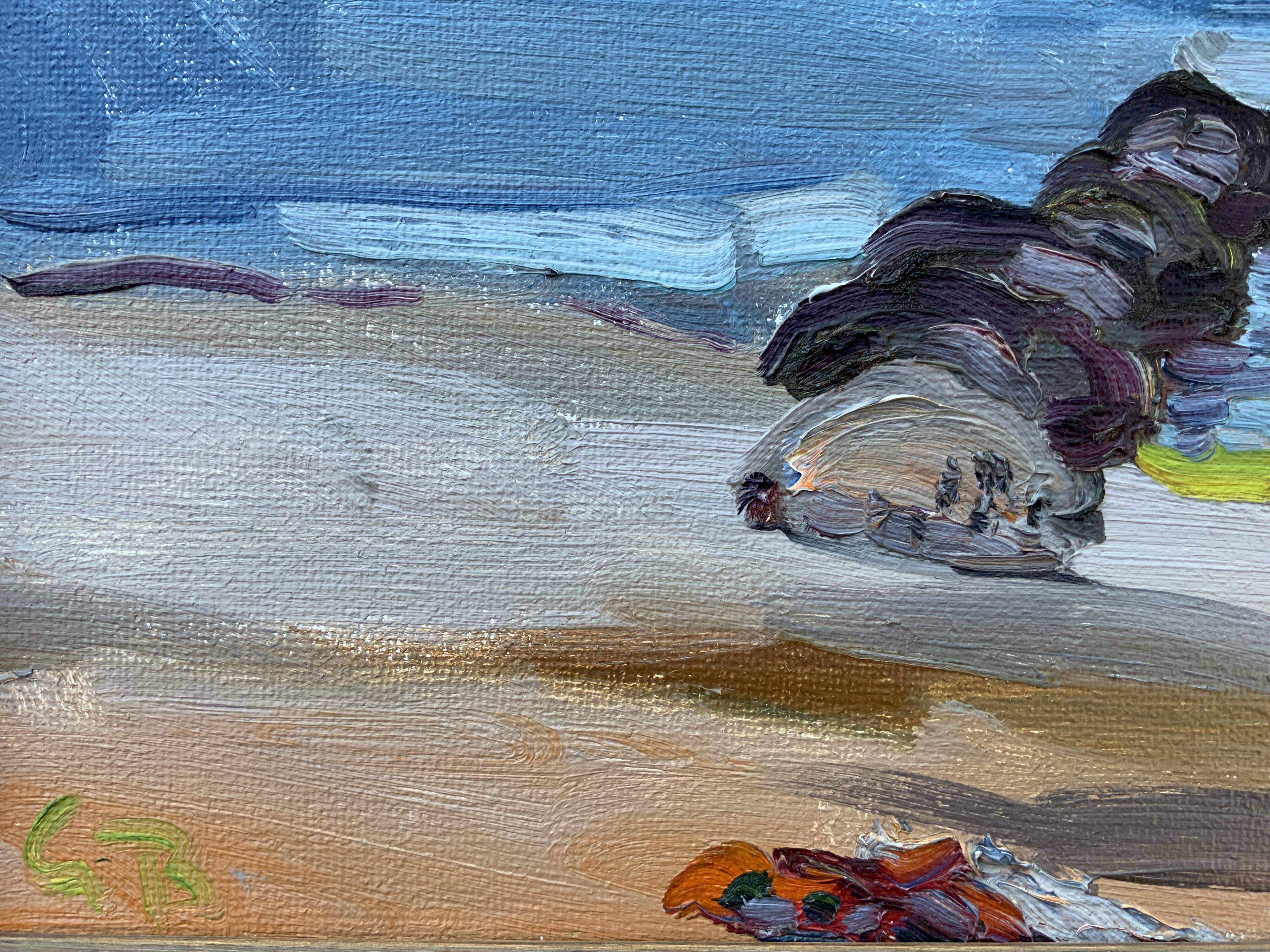 Vintage Swedish Modernists Oil Painting Blue Seascape by G.B. Mid 20th century