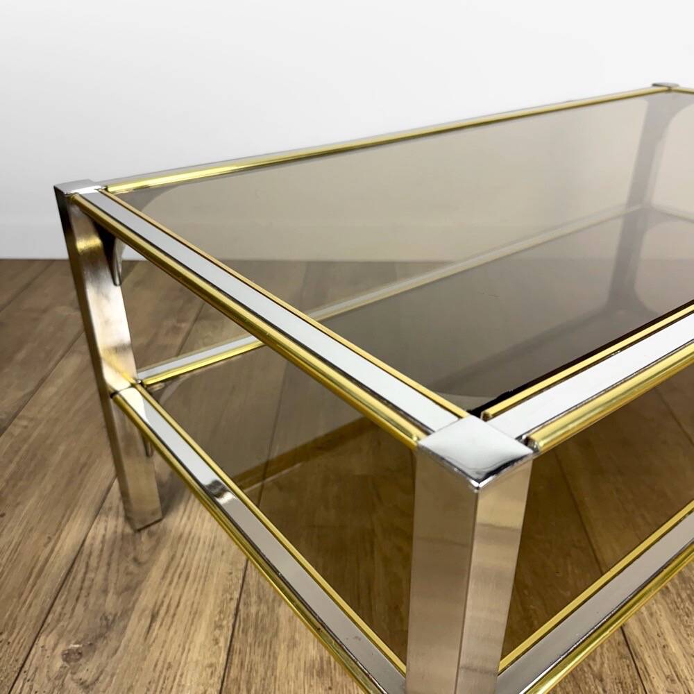 Chrome and smoked glass coffee table with double top from the 1970s.