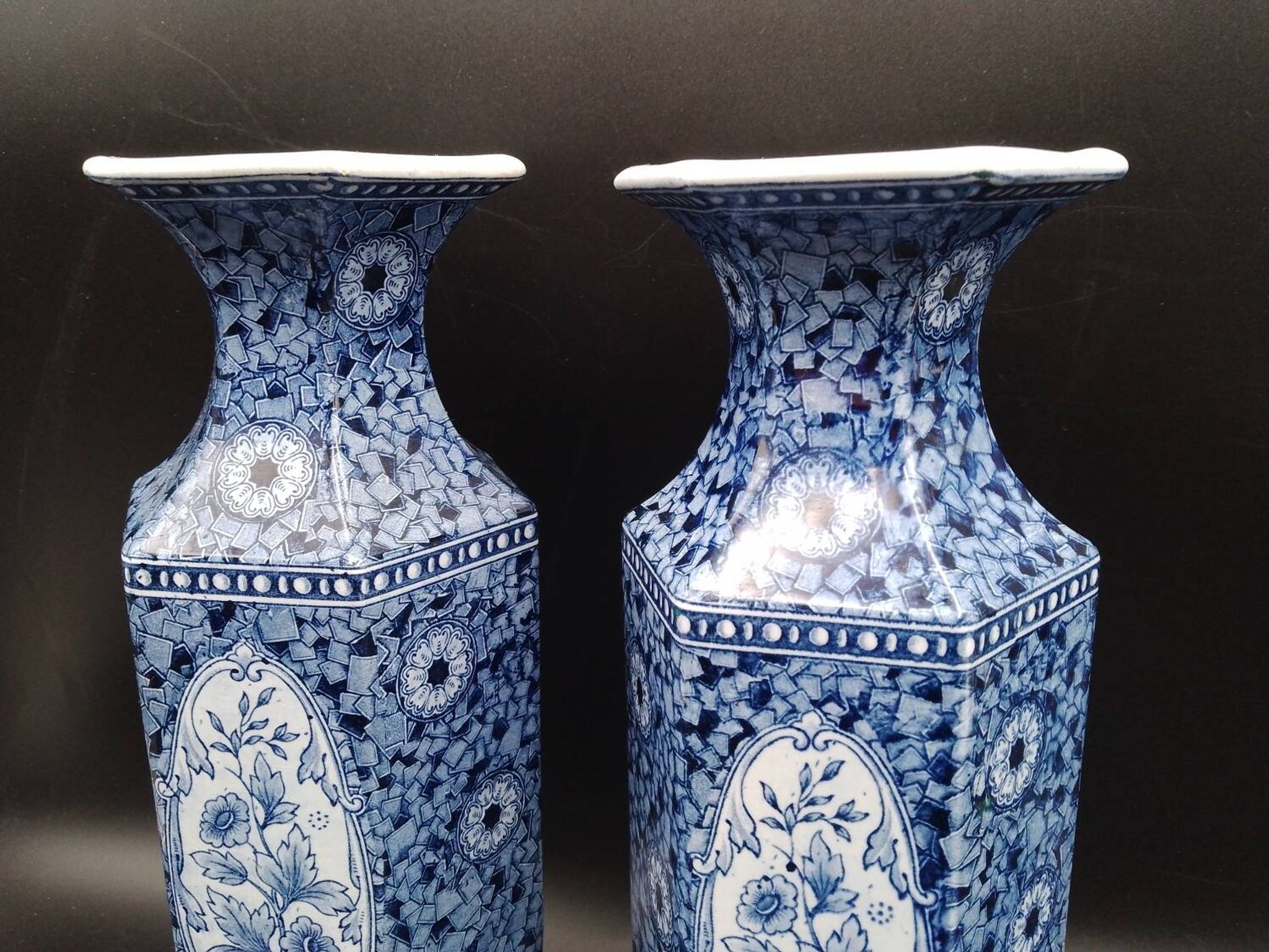 Antique 19th century Delft pair of hexagonal vases - Petrus Regout Maestricht