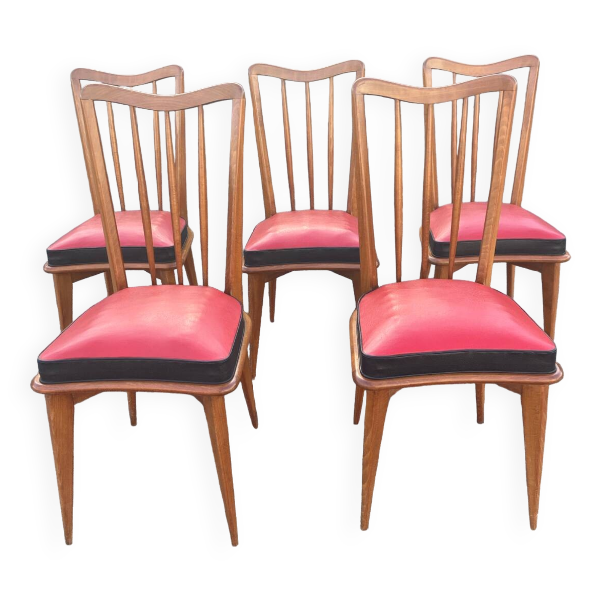 Set of five bistro chairs in wood and imitation leather, Charles Ramos Baumann style