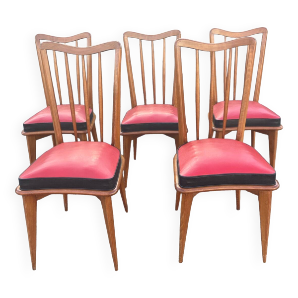 Lot de cinq chaises bistrot bois et imitation cuir style charles ramos baumann