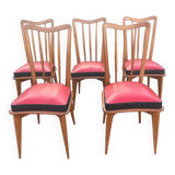 Set of five bistro chairs in wood and imitation leather, Charles Ramos Baumann style