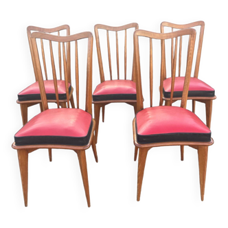 Set of five bistro chairs in wood and imitation leather, Charles Ramos Baumann style