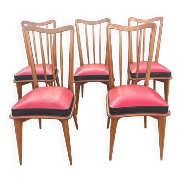 Set of five bistro chairs in wood and imitation leather, Charles Ramos Baumann style