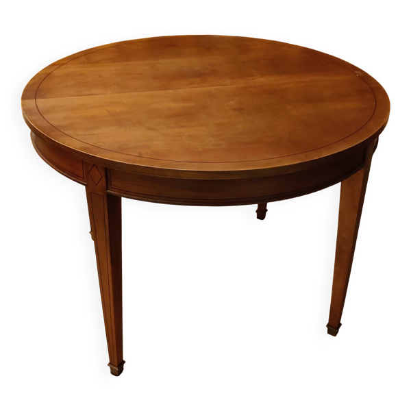 Table ronde merisier avec rallonge, 3 chaises et 1 fauteuil