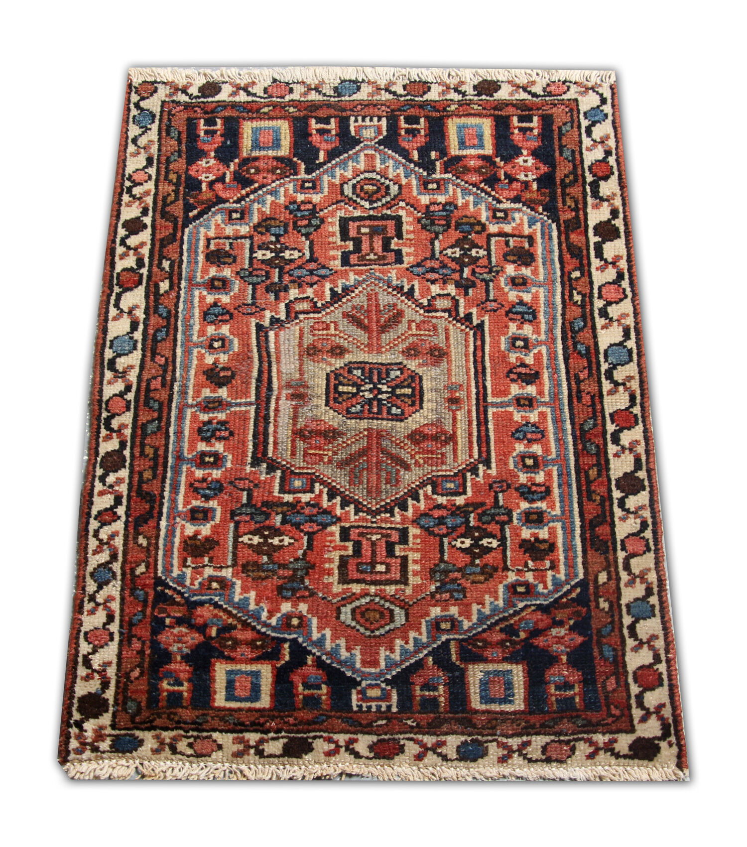 Persian heriz rug, oriental handwoven red wool  50x71cm