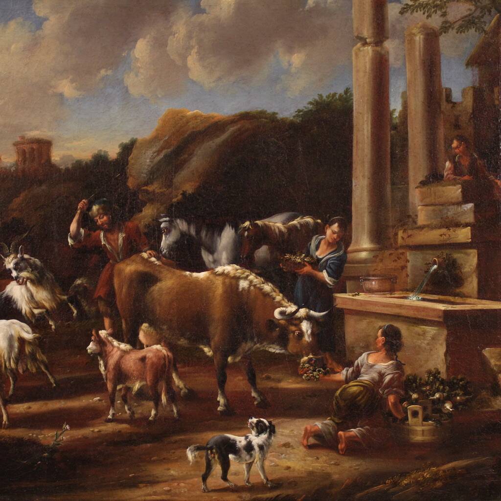 Great 18th century painting, pastoral scene with classical ruins