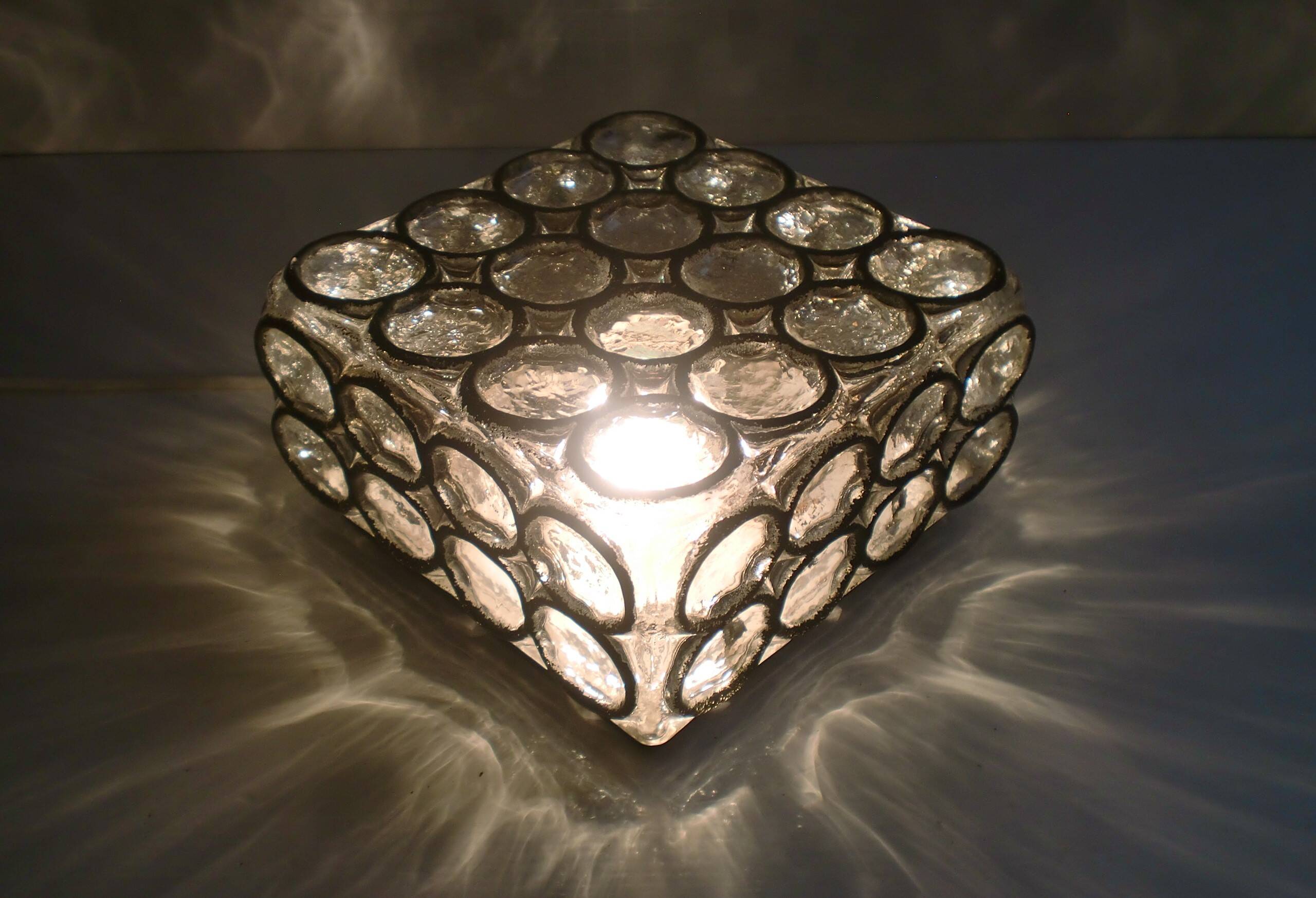 19x19cm  iron-ring glass ceiling lamp by Limburg Glashütte Germany 1960s