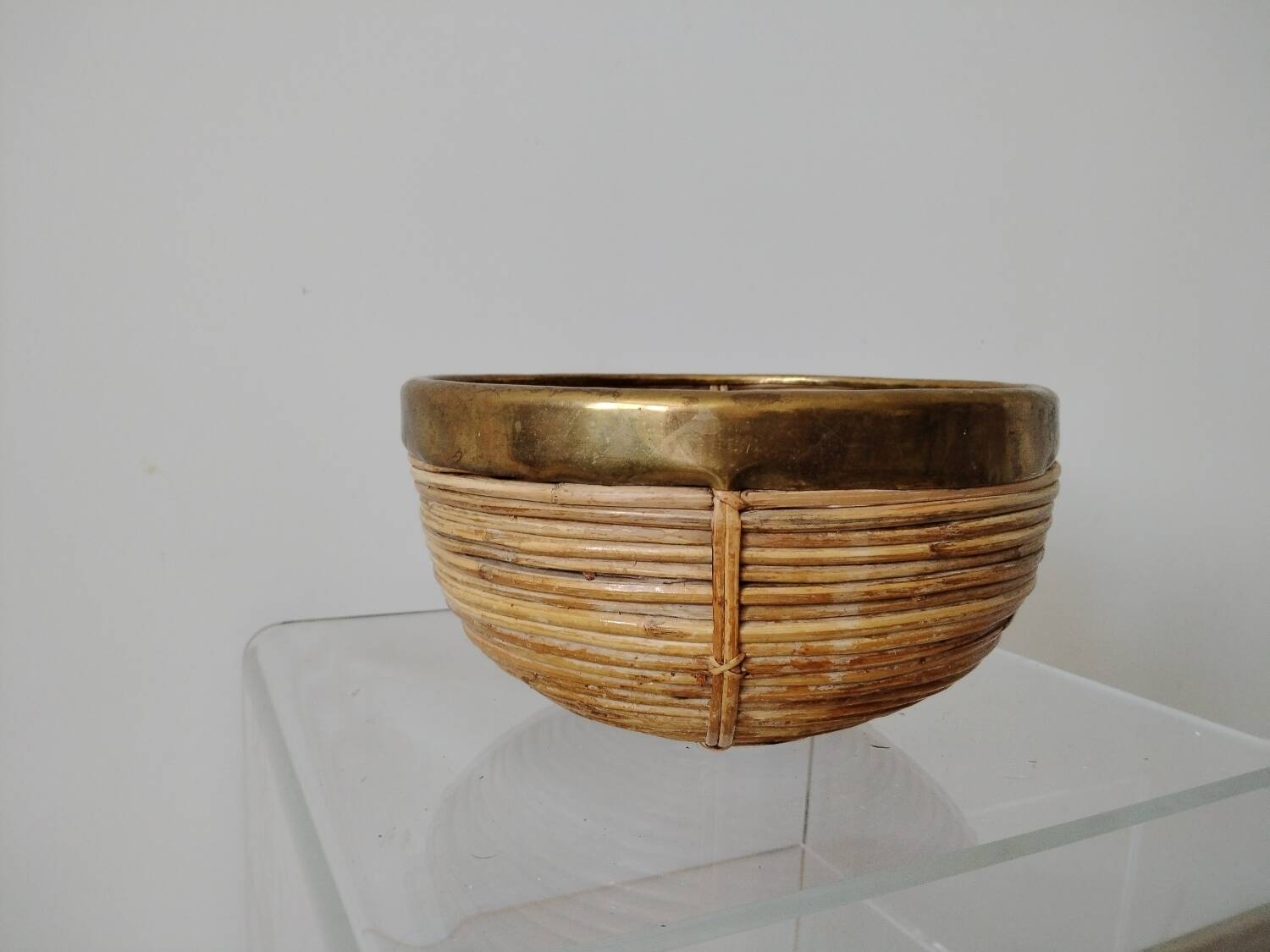 Brass rattan basket, Italy 1950s