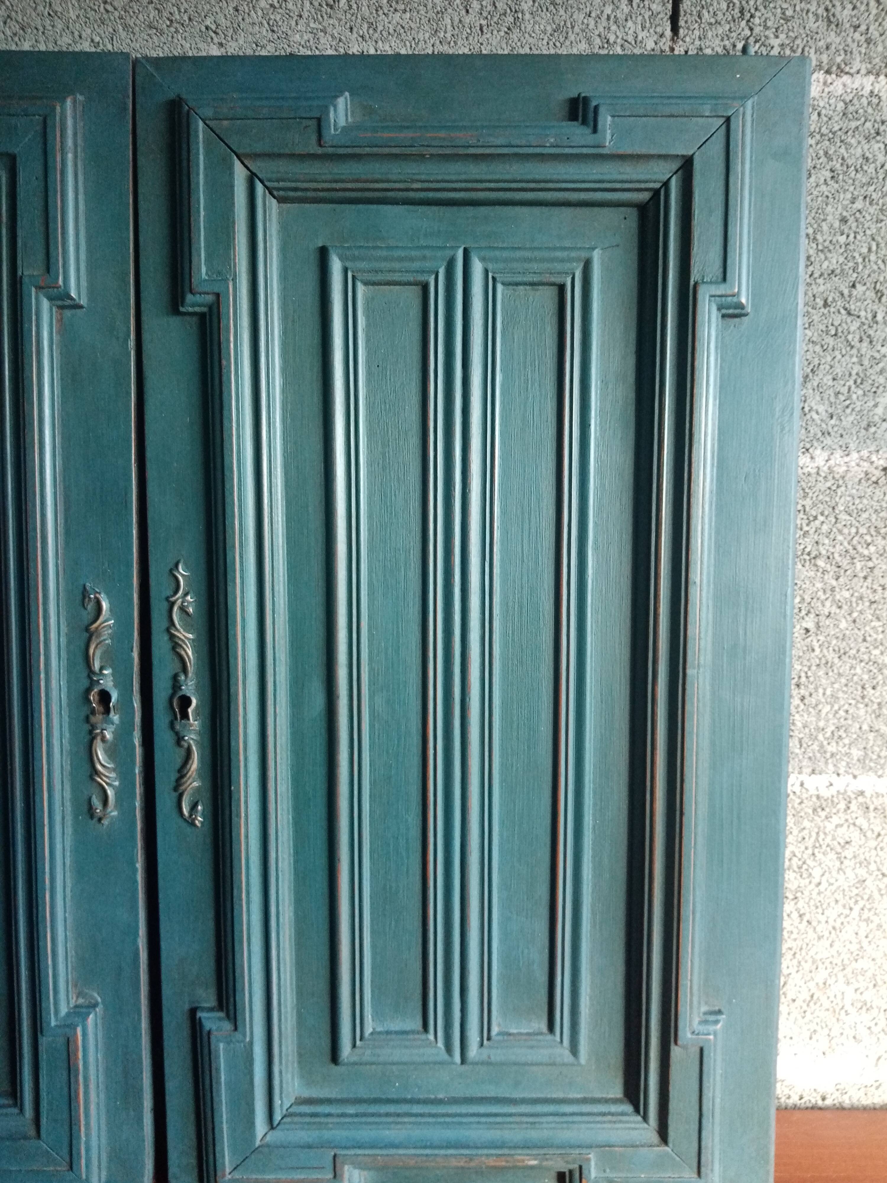 Pair Old Patinated Door Blue Aubusson Wooden Door Deco