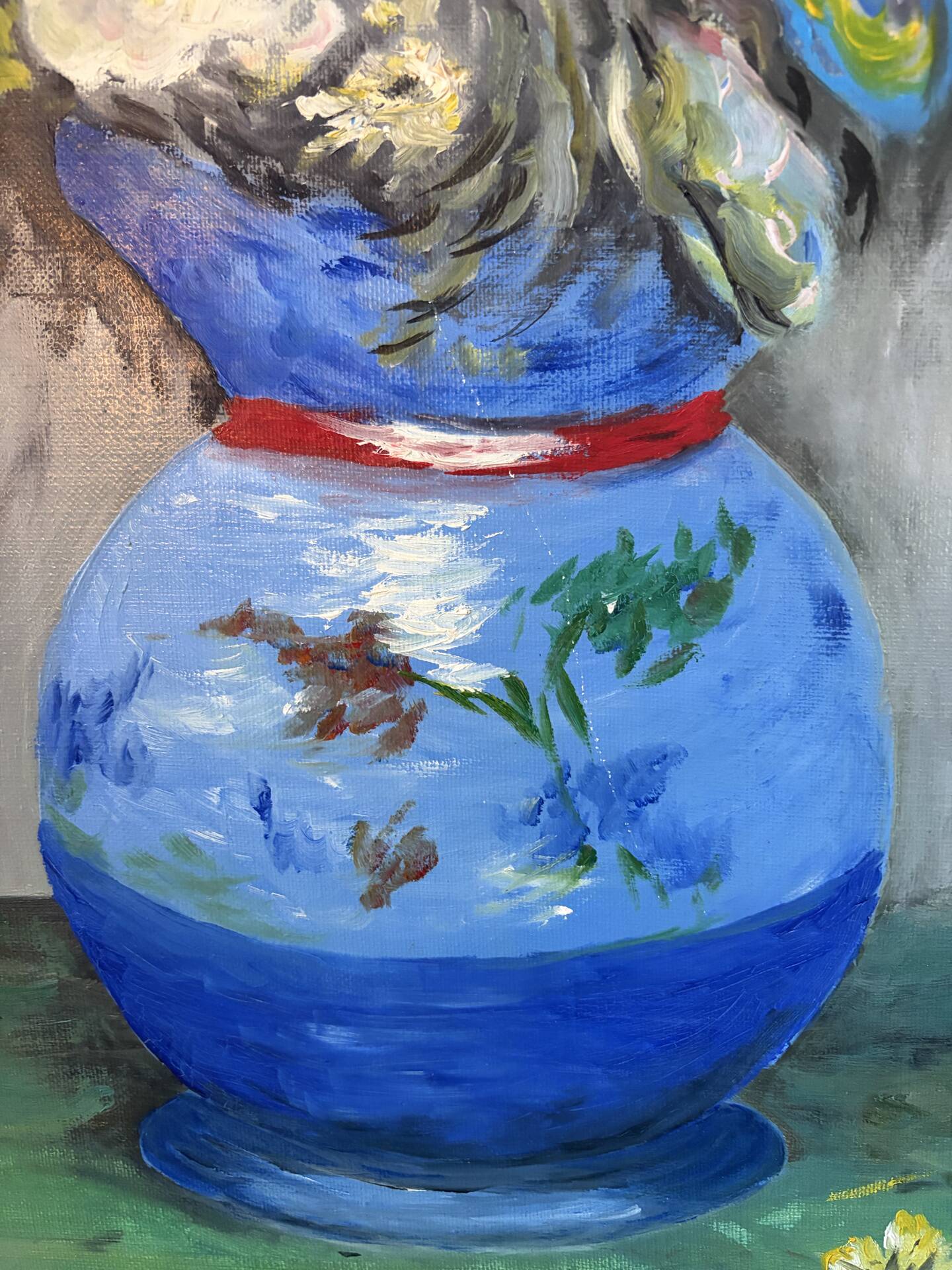 Bouquet in a blue vase, oil on canvas signed