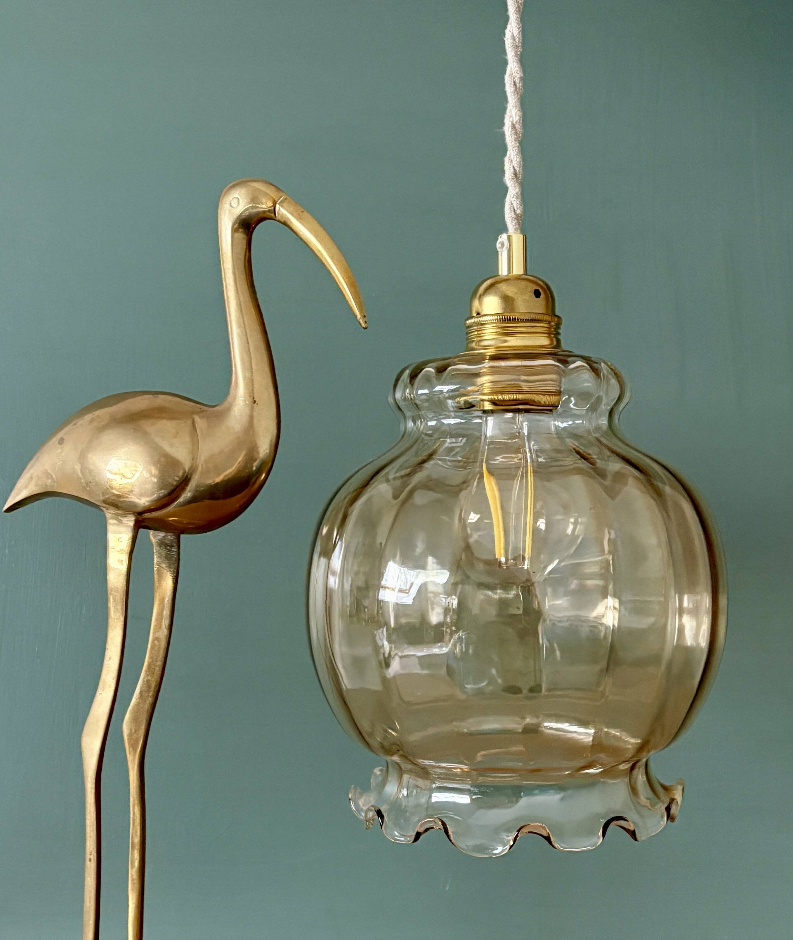 XL vintage globe pendant light in amber glass