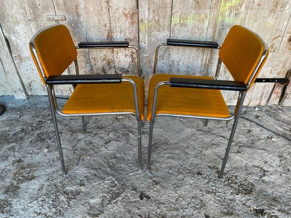 Paire Fauteuil Ancien Métal Chromé + Tissu Orange + Bois 1970 Vintage