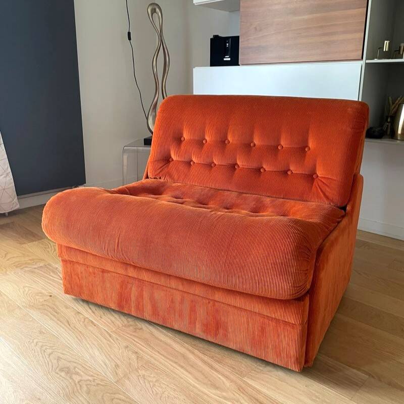 Orange corduroy convertible armchair, 1970s
