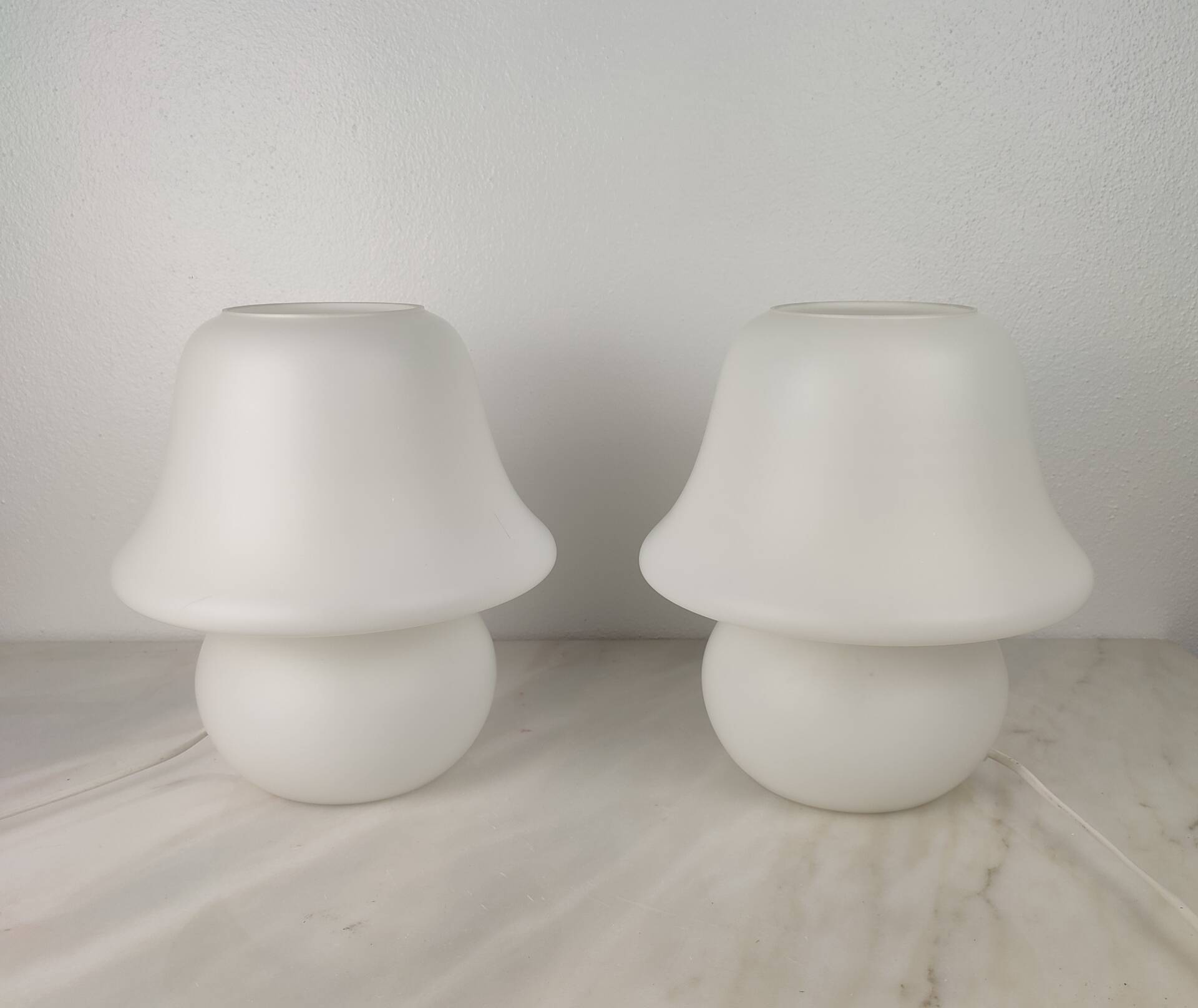 Pair of vintage opaline glass lamps by Hustadt Leuchten in the shape of mushrooms.