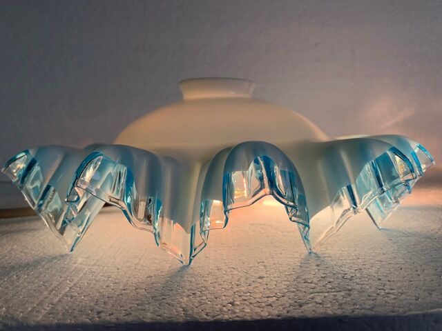 Old French suspension lamp in corrugated opaline glass gradient blue