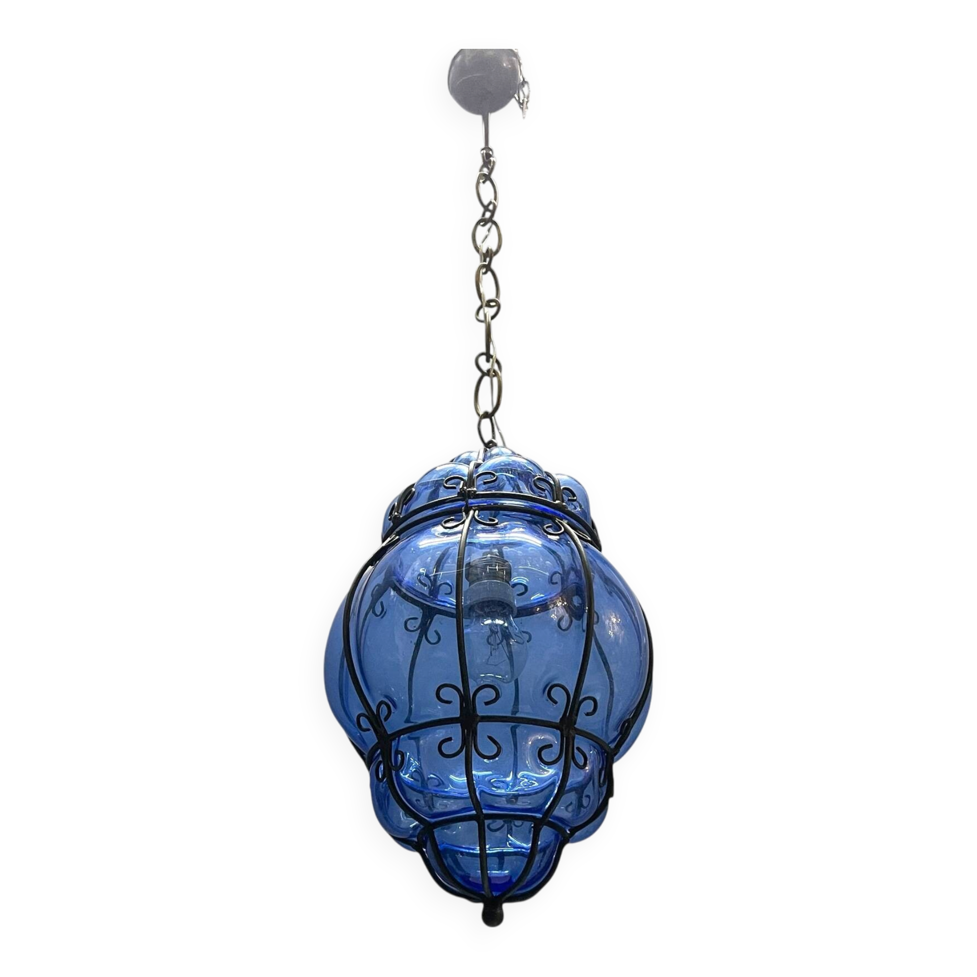 Wrought Iron Blue Murano Glass Light Pendant 1980’s