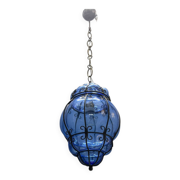 Suspension en verre de Murano bleu en fer forgé des années 1980