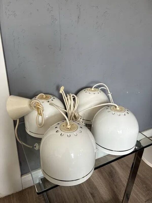 4 lampes suspensions Space Age blanches Philips 201-110, années 1970