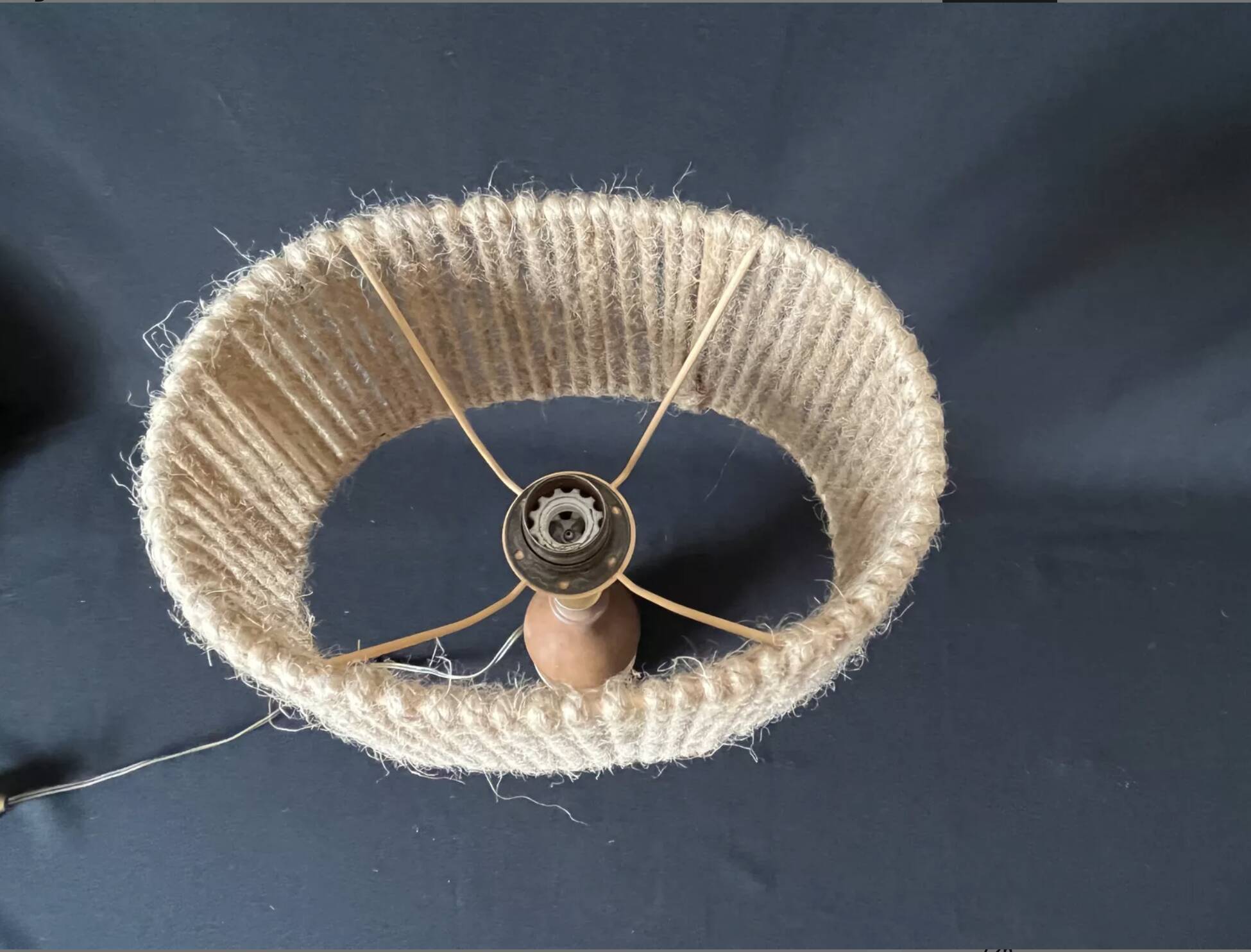 Philippe Capelle vintage 1970s table lamp in turned wood with rope shade