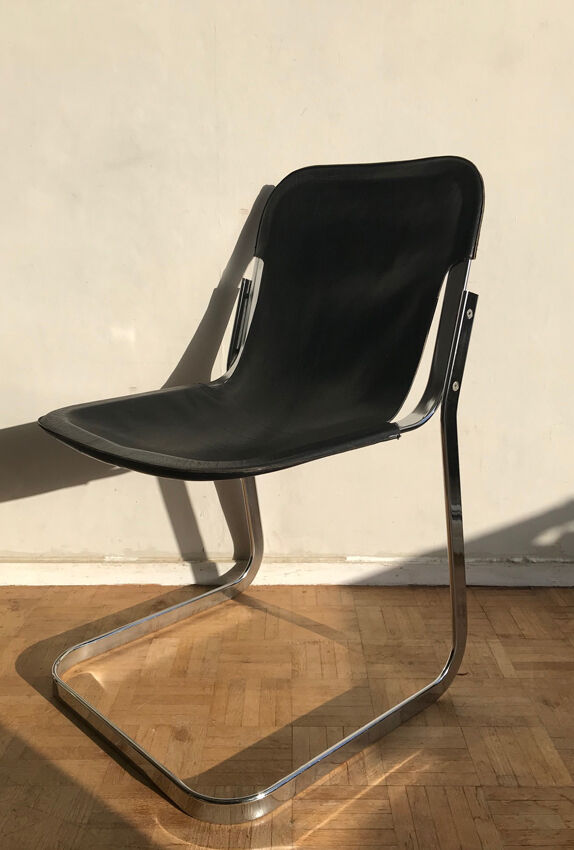 Set of 6 chairs in chrome metal and black leather - 1970