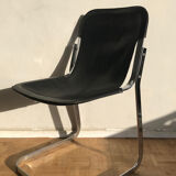 Set of 6 chairs in chrome metal and black leather - 1970