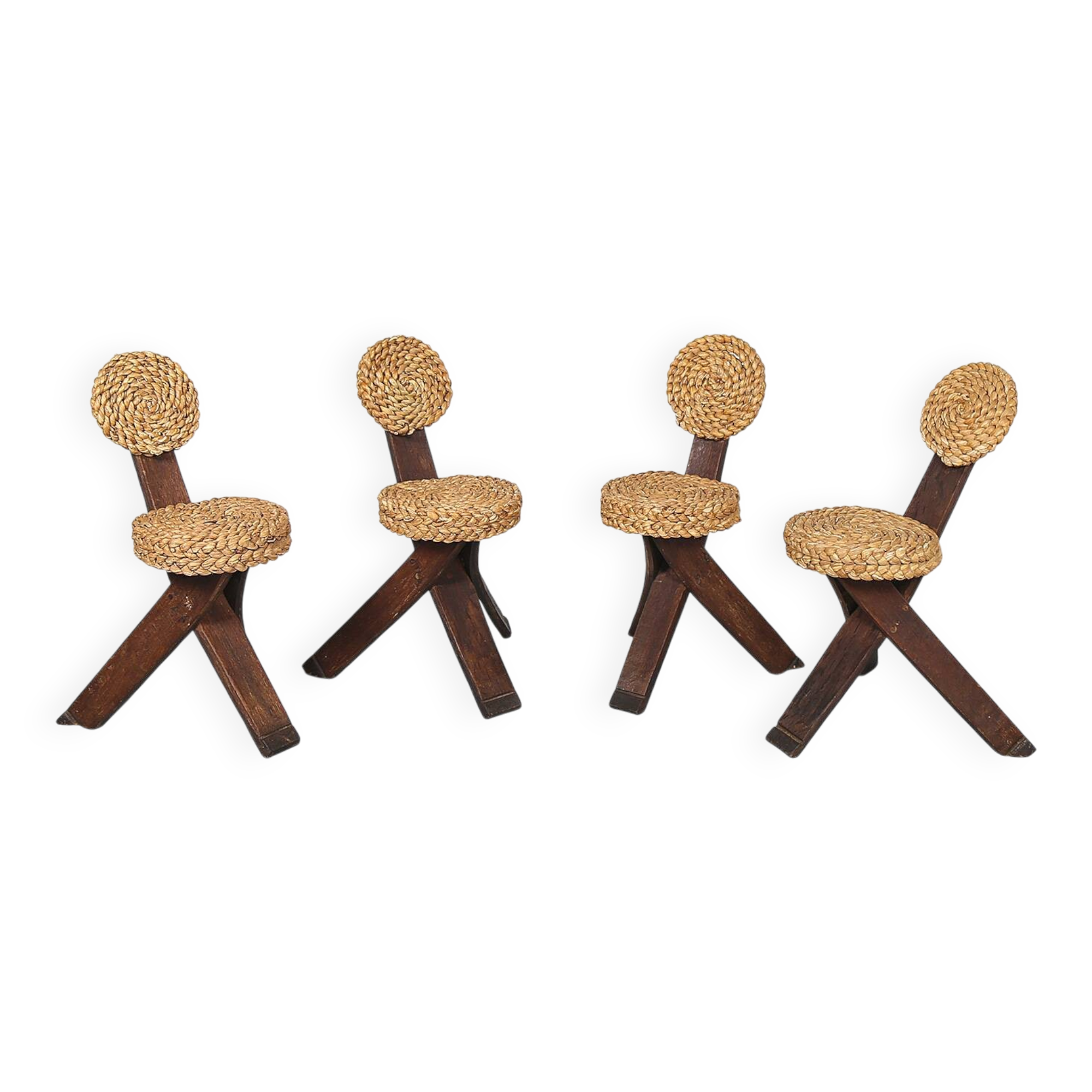Original set of 4 tripod chairs by Frida Minet and Adrien Audoux, 1950s, France