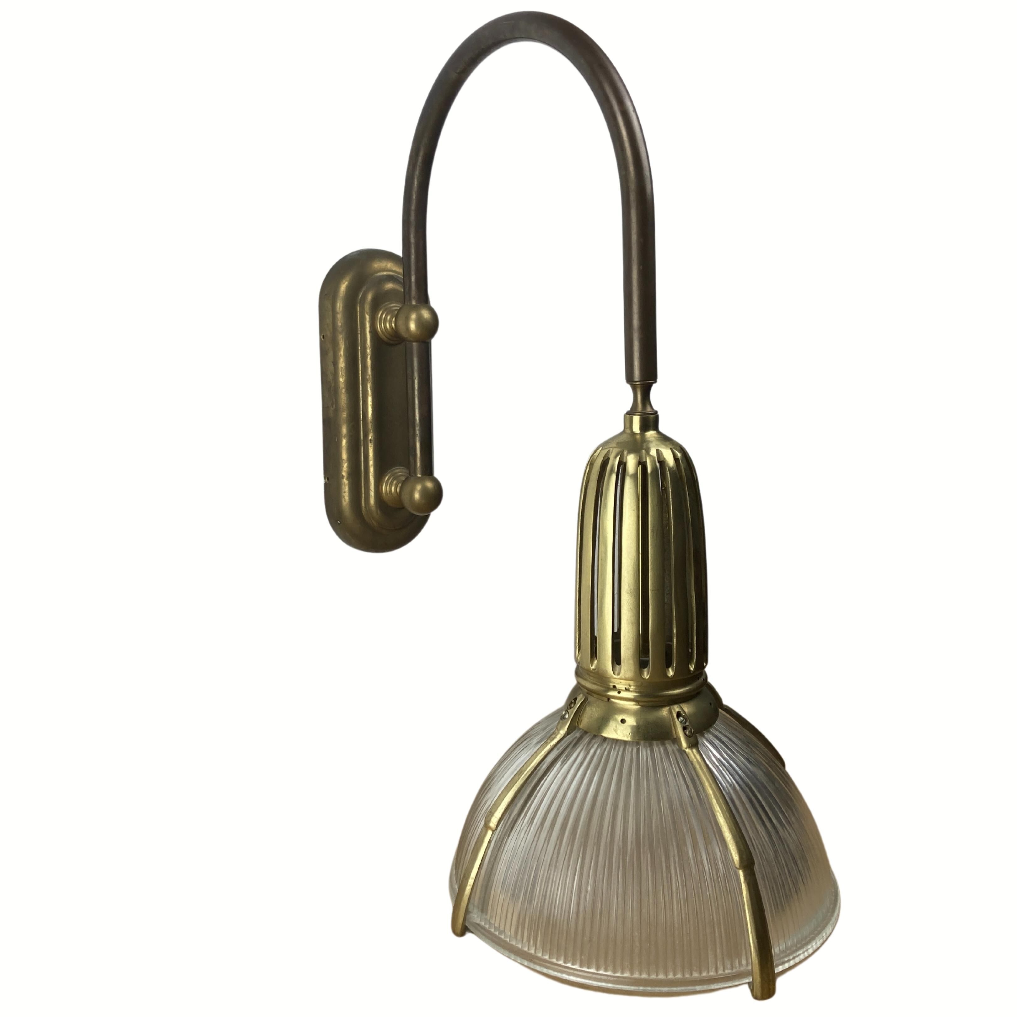 Art deco holophane cut glass and brass wall lamps, 1970