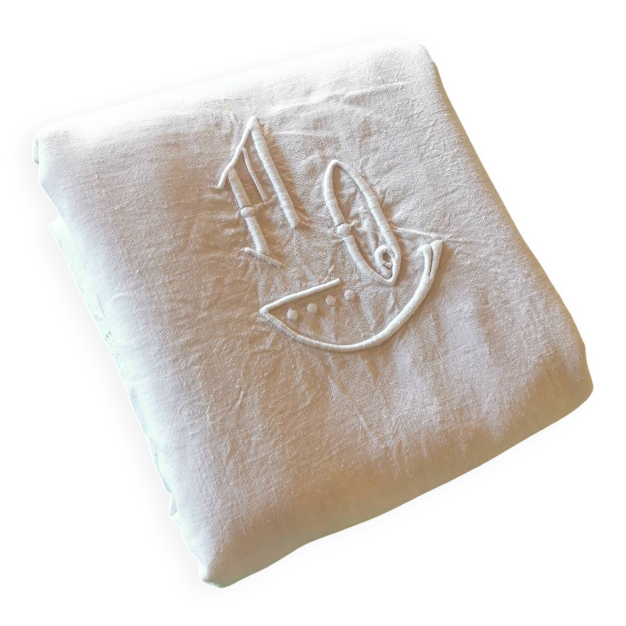 Drap ancien en lin monogrammé 3,40x2,20 m