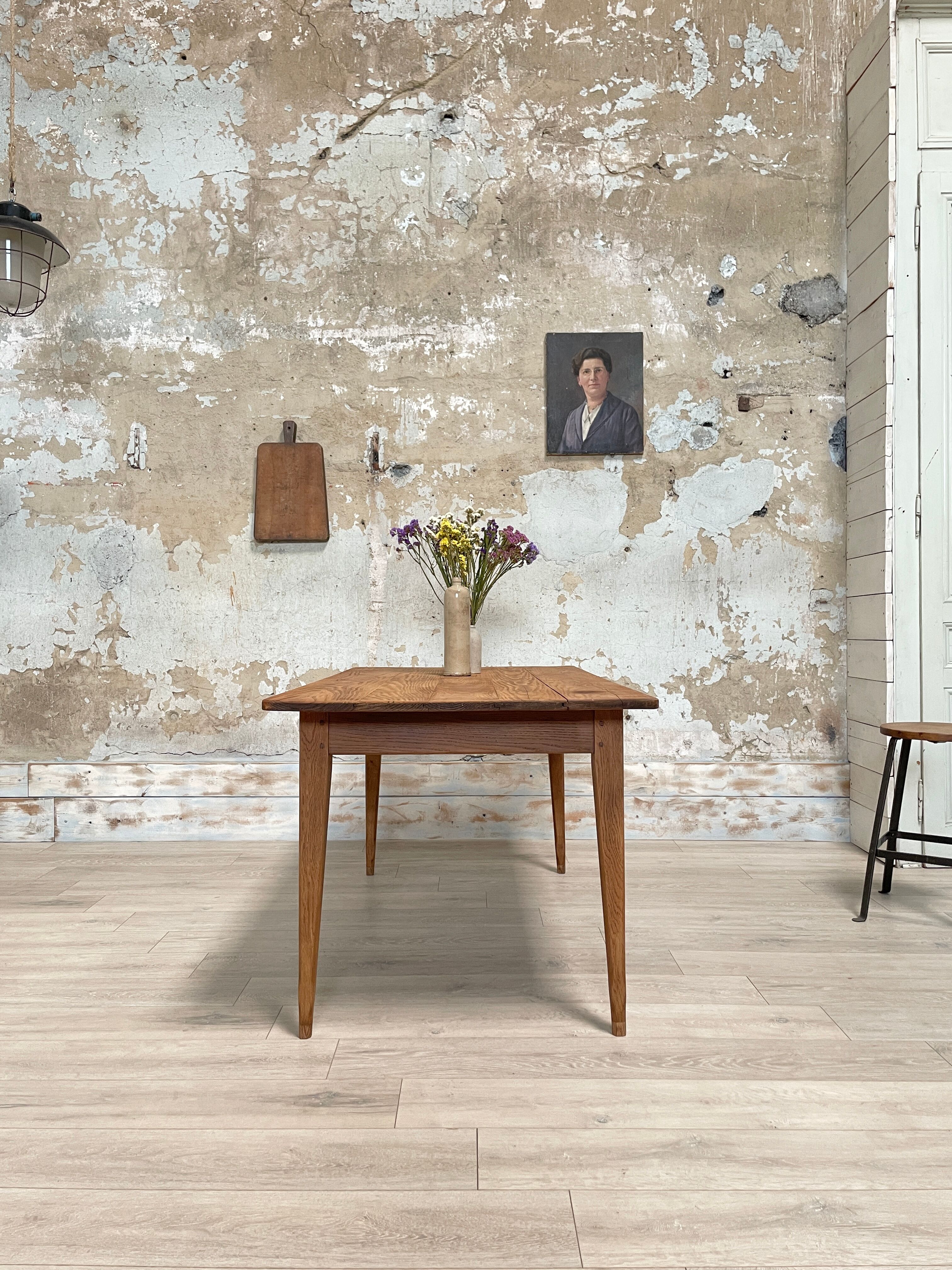 Vintage farmhouse table with spindle legs.
