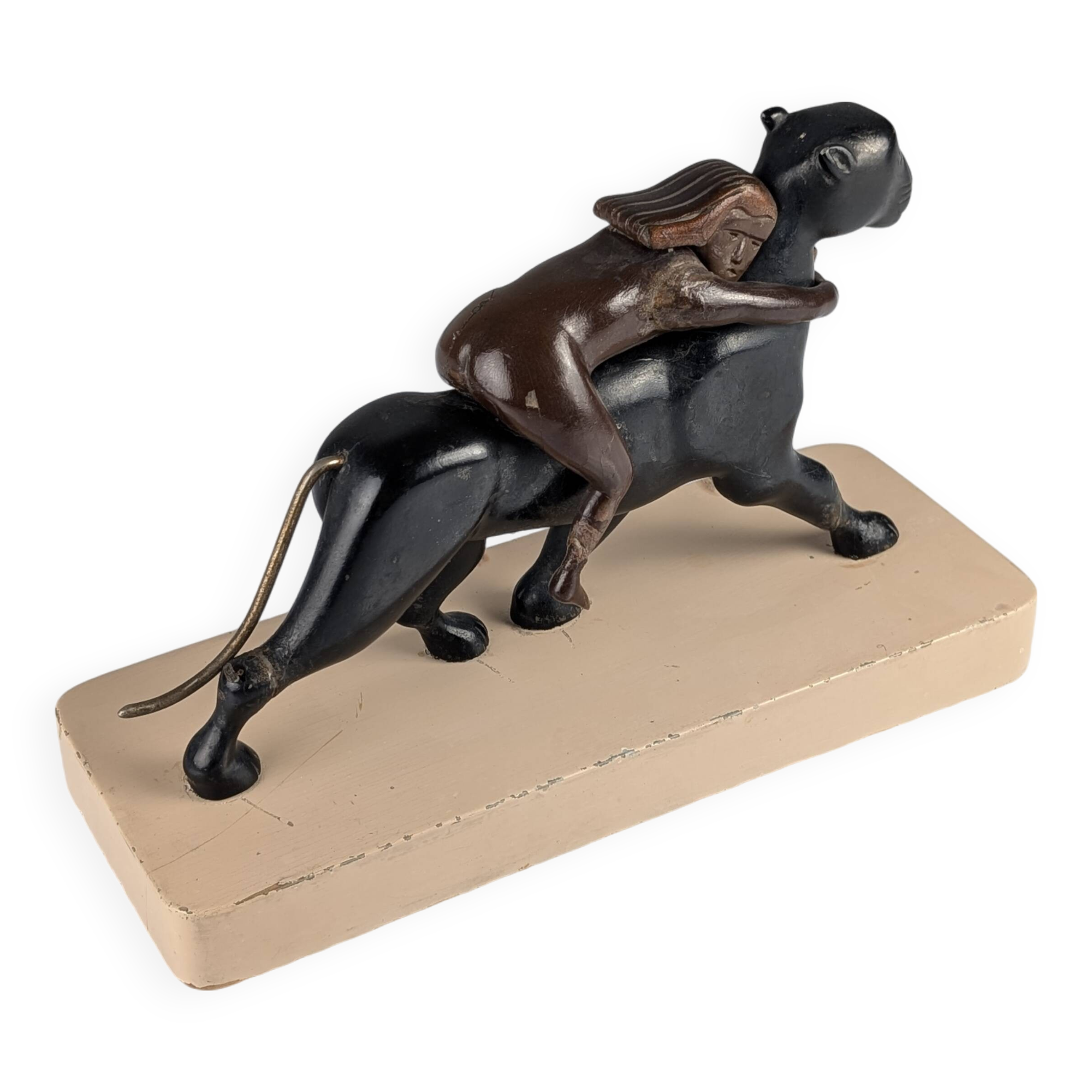 Ariadne and the Panther, Art Deco Sculpture in Wood and Brass, 1920s