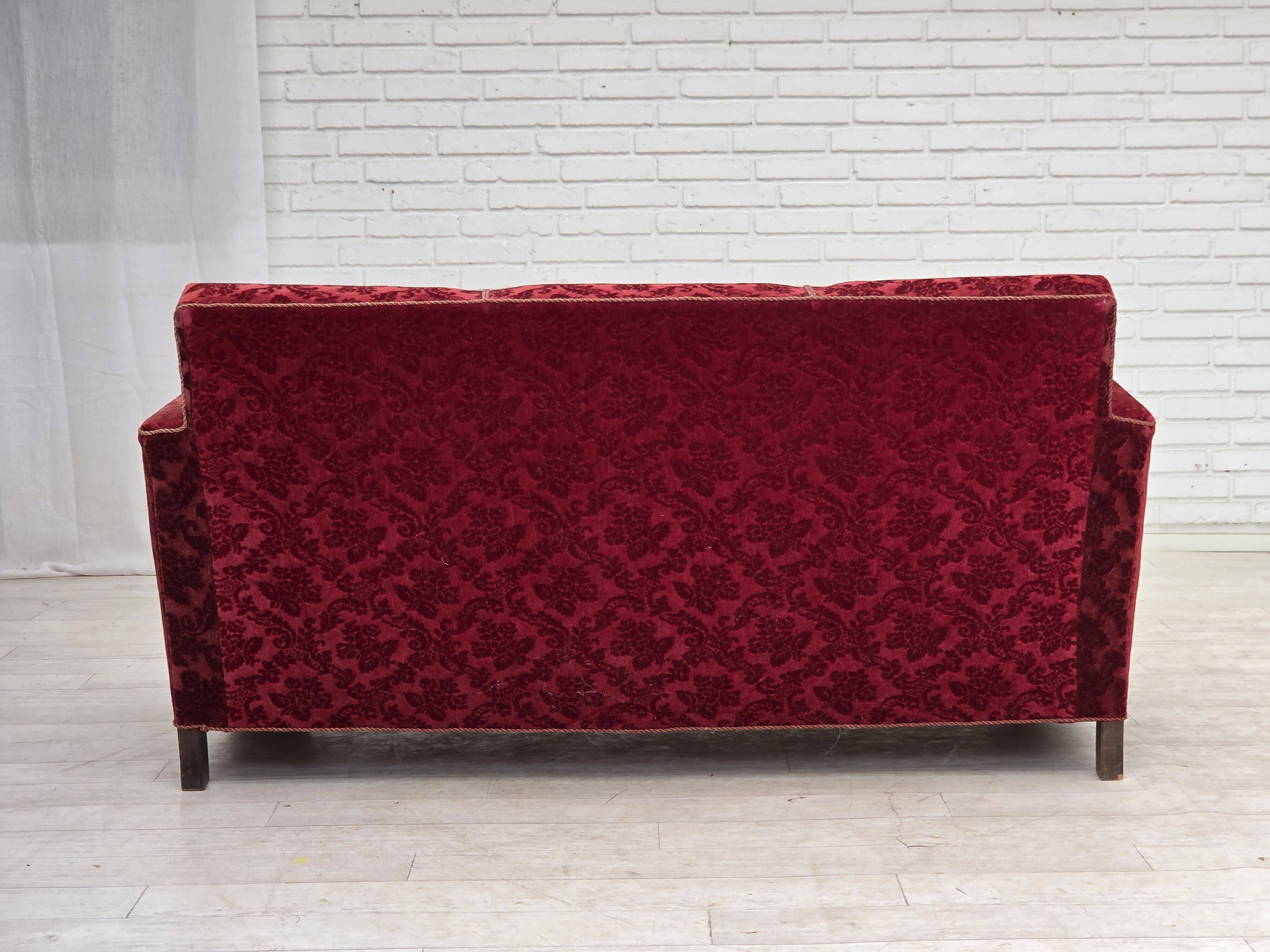 1950s, Danish 3-seater sofa, furniture velour, oak wood.