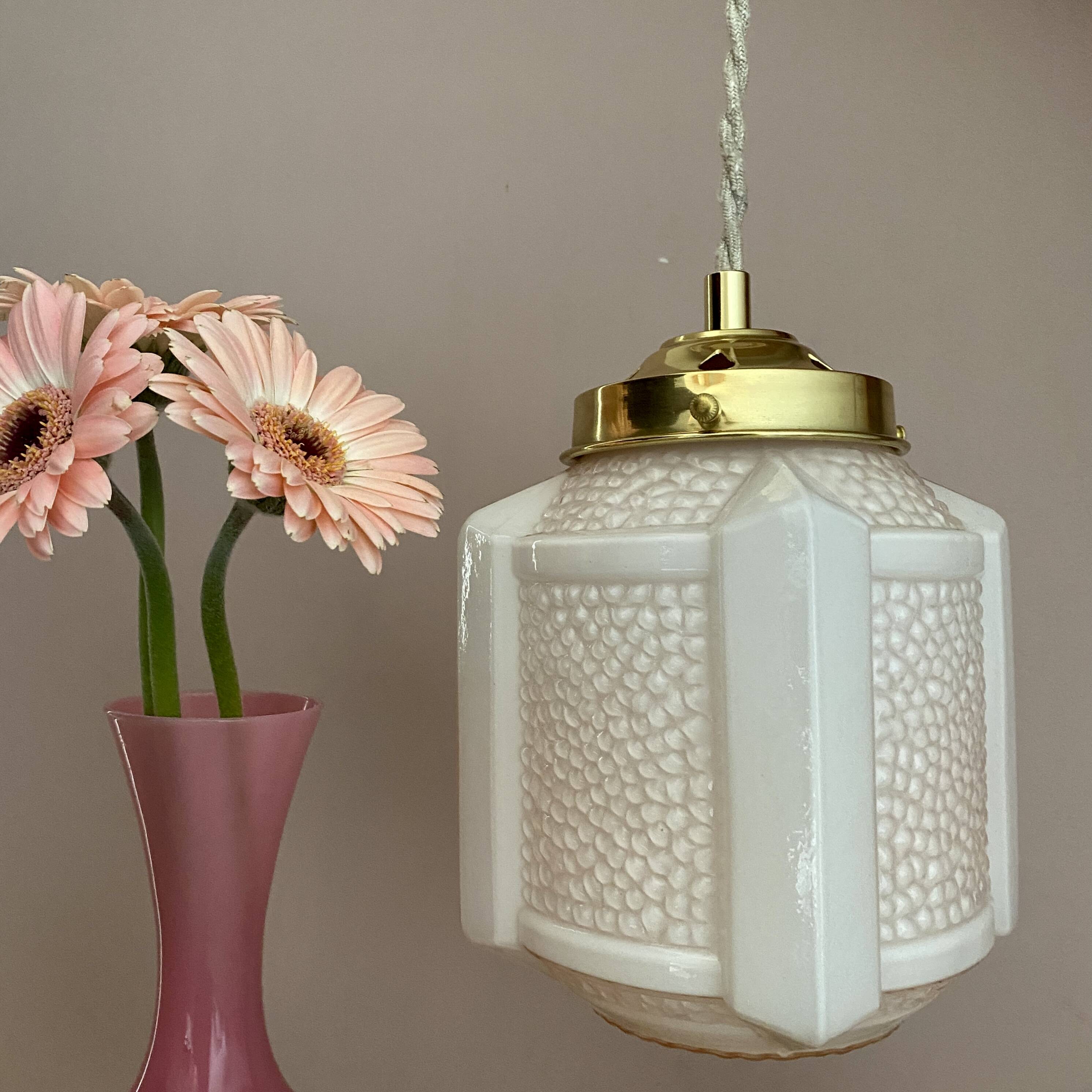 Vintage art deco globe pendant light in pale pink opaline.