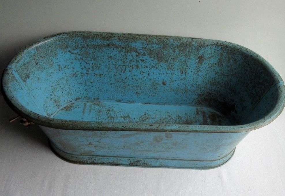 Doll bathtub, blue sheet toy, brass faucet, 1880-1900 era