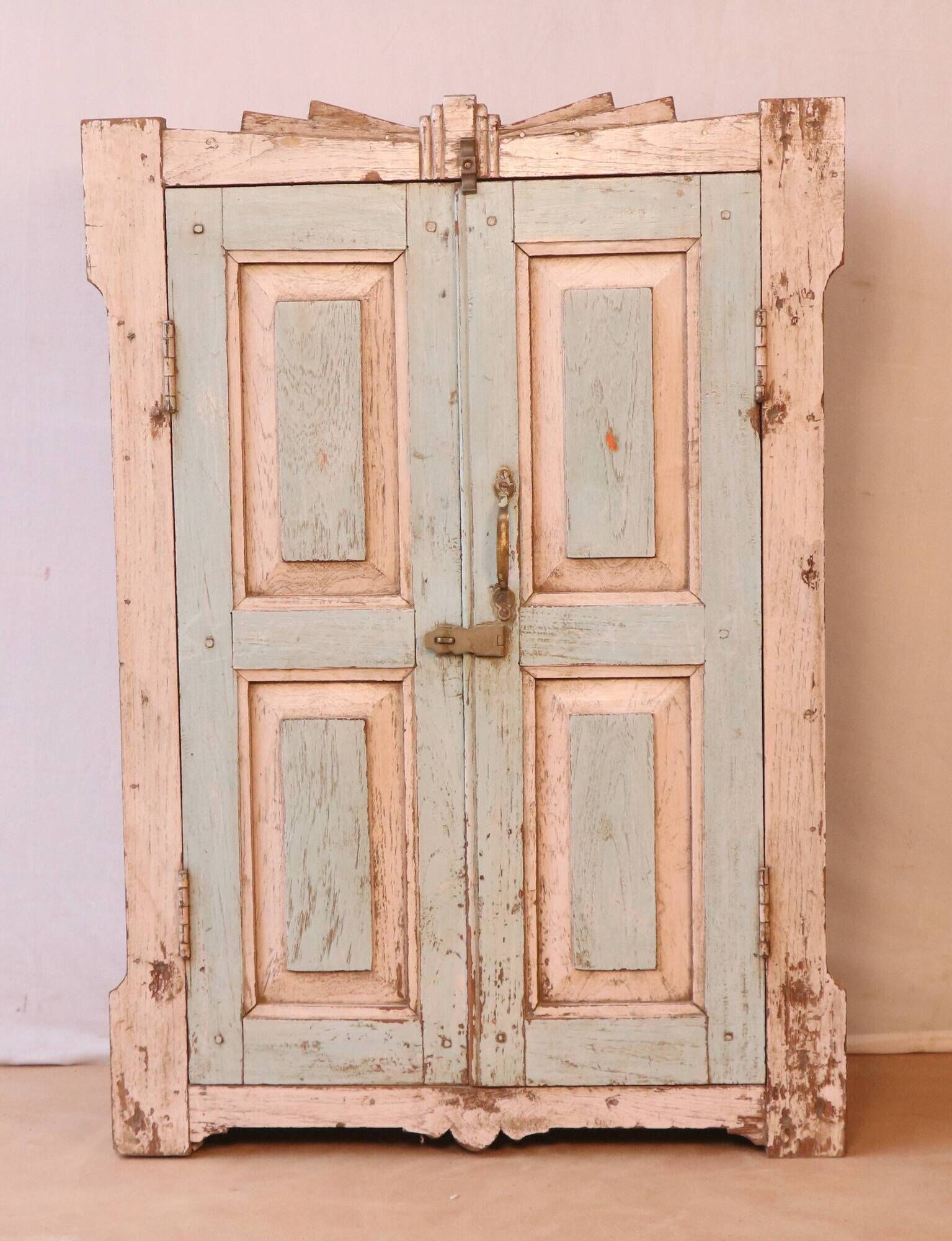 Old art deco cabinet in original turquoise-pink patina Burmese teak