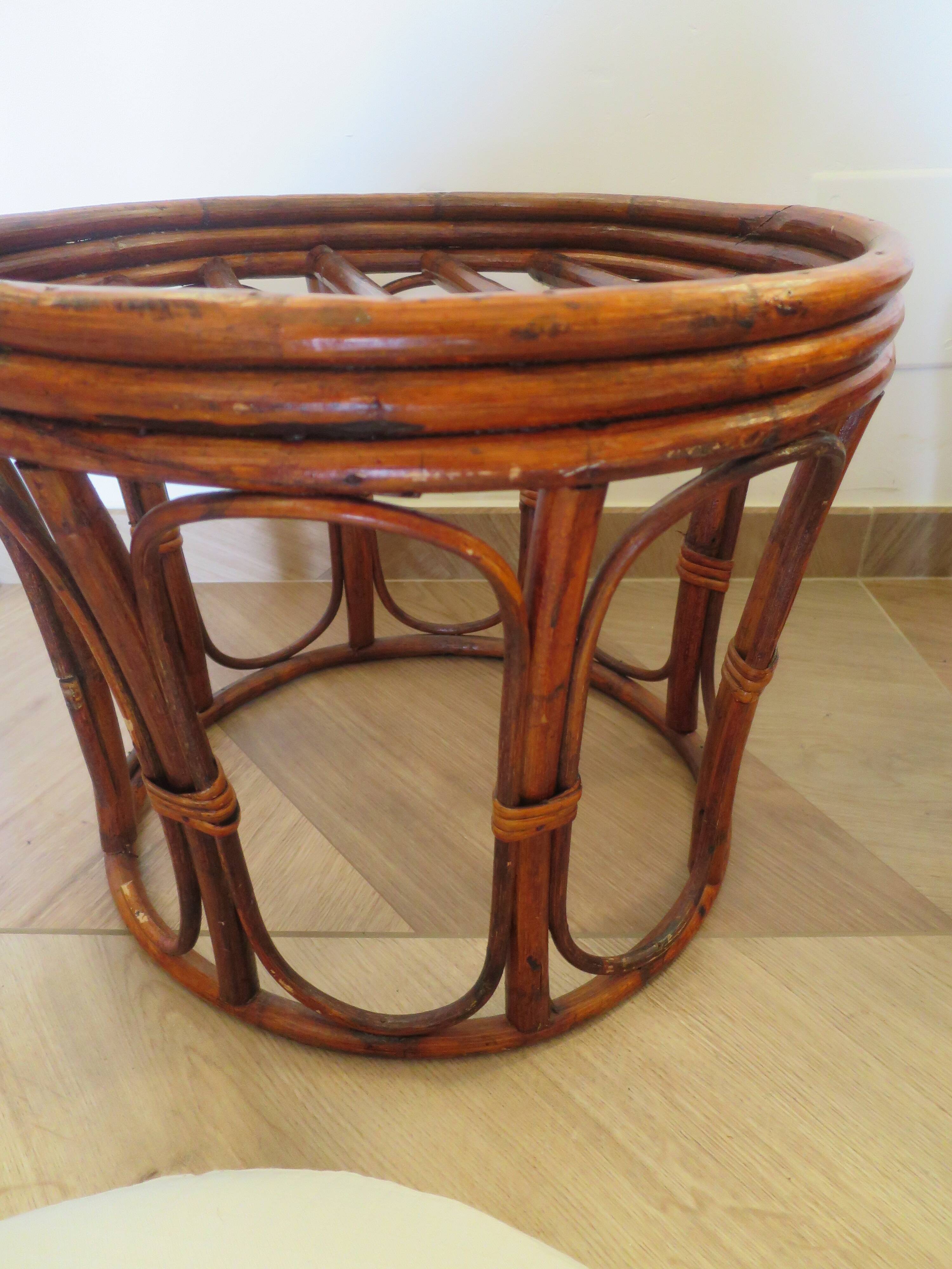 Pretty pair of 2 bamboo and rattan stools with cushions - 80s - Vintage - set of 2