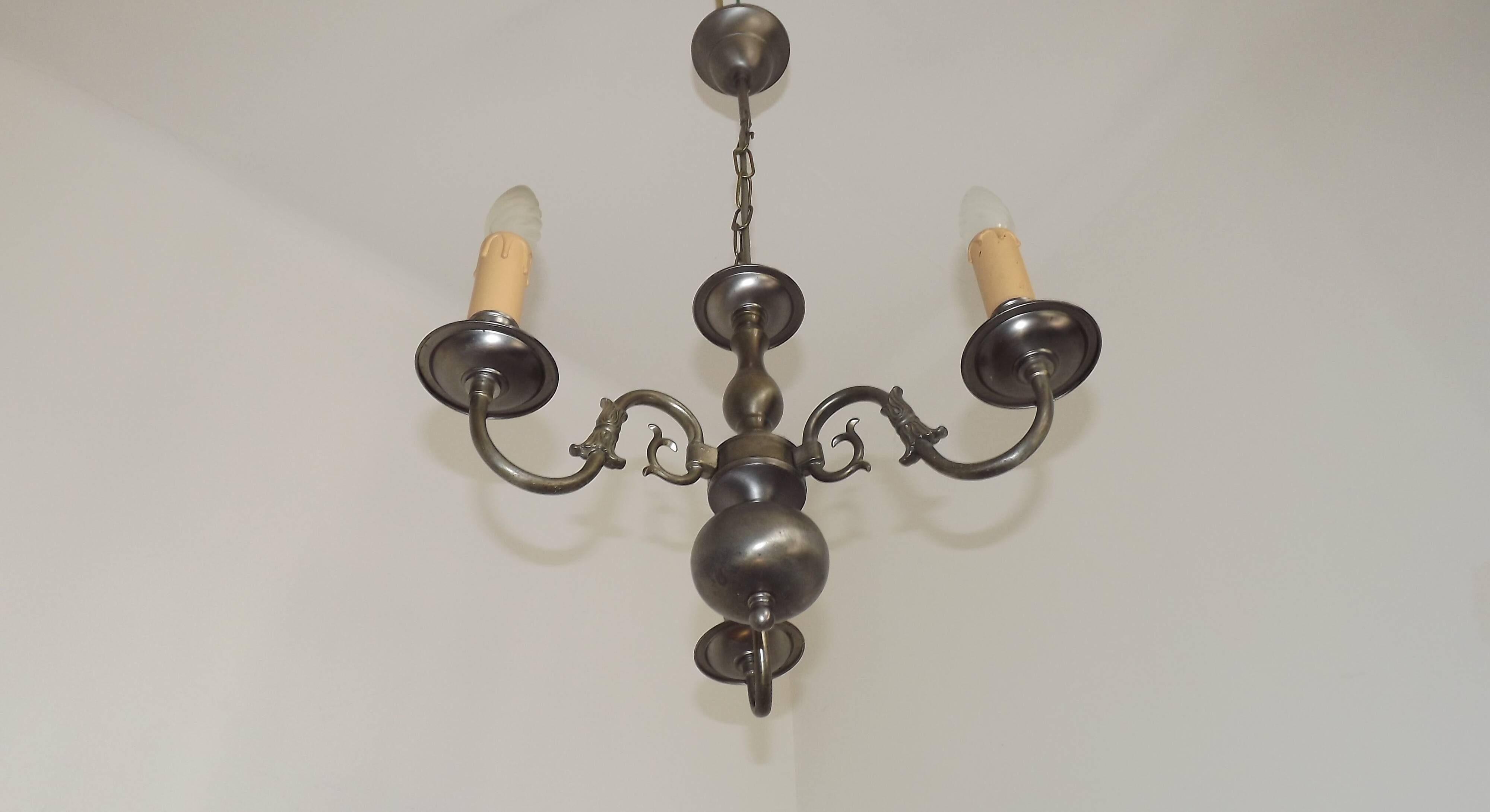 Italian Vintage Silver Brushed Metal 3 Light Flemish Style Chandelier