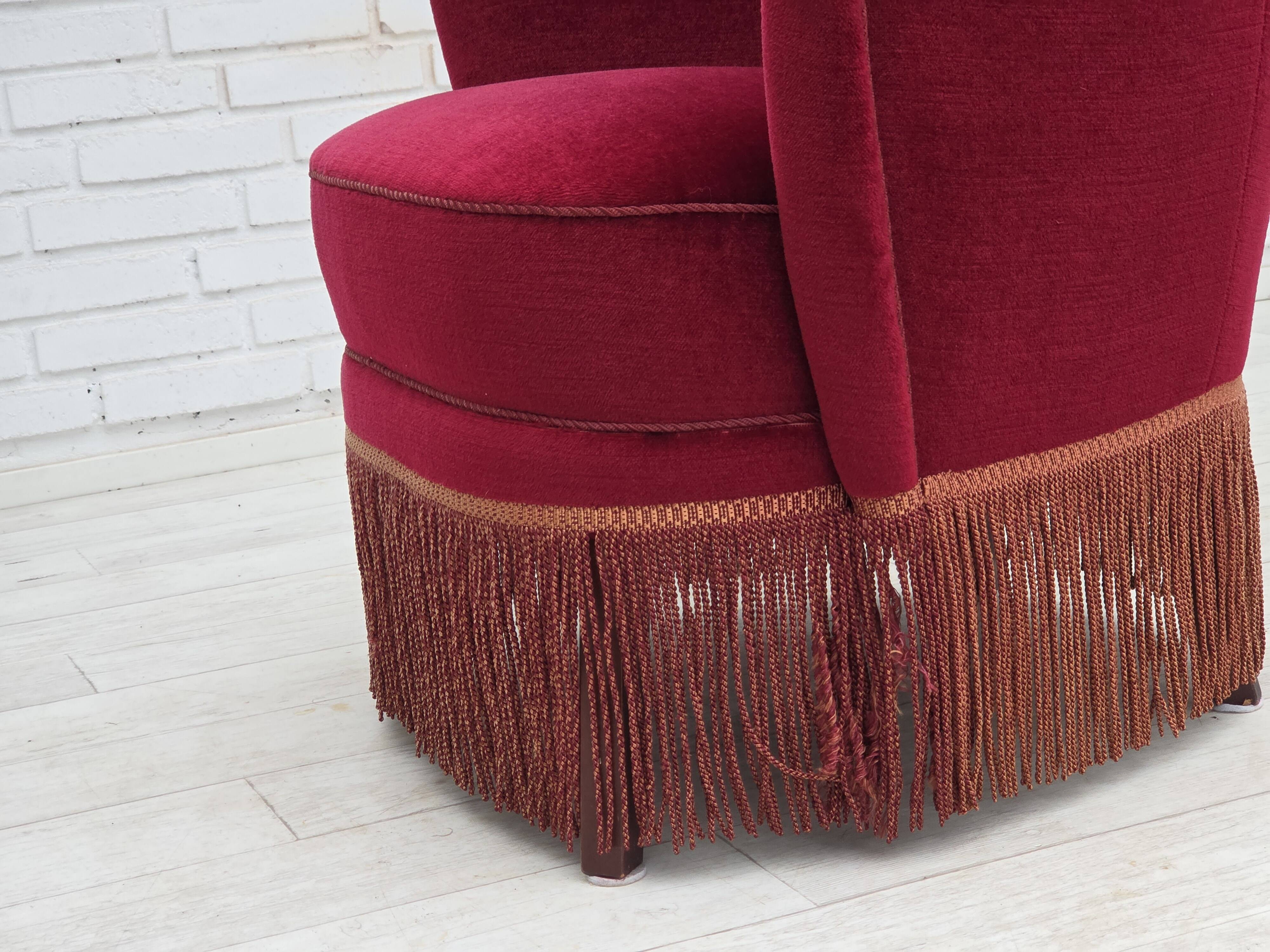1970s, Danish highback armchair, red furniture velour, beech wood.