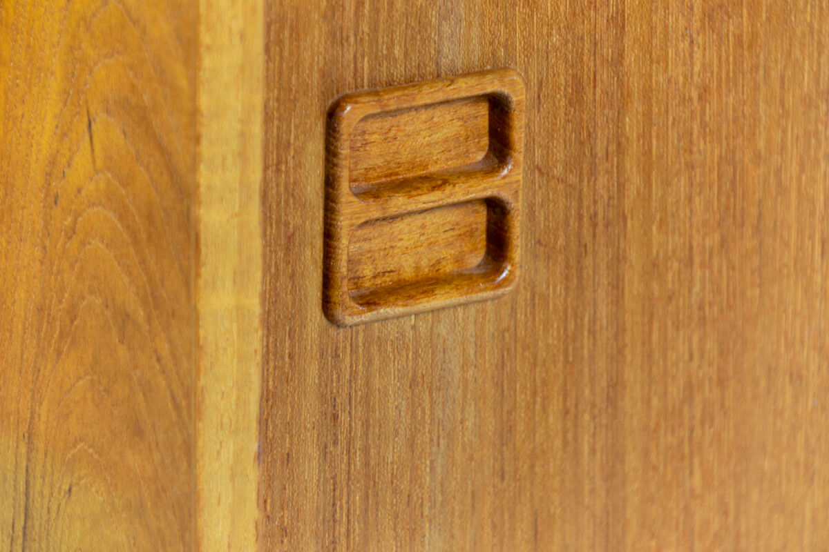 Teak slide door cabinet, made in Sweden, marked swan, 1960s