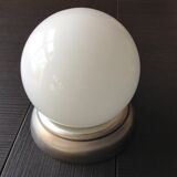 Ceiling lamp globe in white opaline and brushed metal