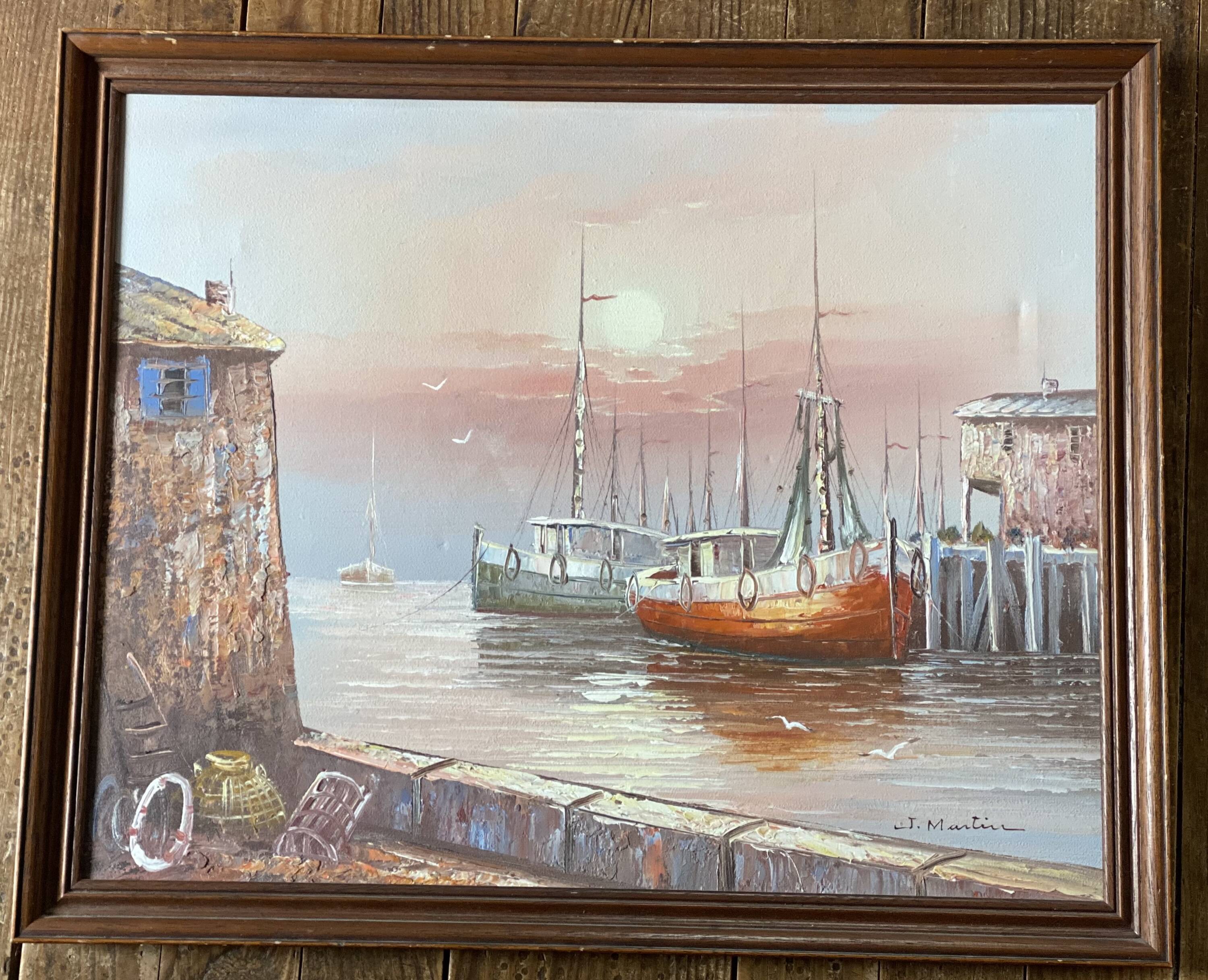 Painting signed Martin, vintage fishing boats 1970